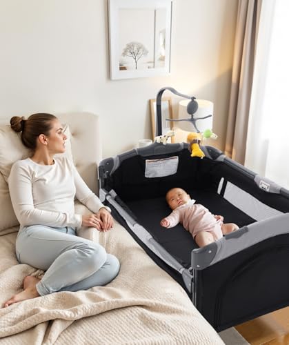 Image of 5 in 1 Baby Crib,Bedside Sleeper Bassinet,Pack and Play with Bassinet and Changing Table,Portable Travel Playpen Music Box,Portable Travel Crib for Infant Newborn (Black Gray)
