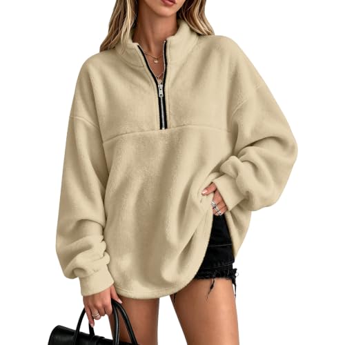 Rikbuig Beige Womens 1/4 Zip Pullover Fleece Oversized Half Zip Sweatshirt - image 2