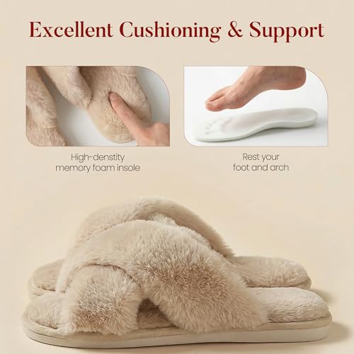 Image of Ankis Women's Fuzzy Slippers Cross Band Memory Foam Open Toe Comfy Soft House Shoes Anti-Slip Indoor Outdoor Gifts for Women