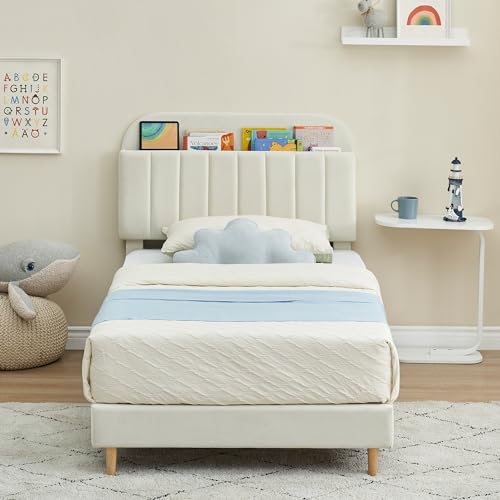 GarveeHome Twin Bed Frame with Storage Headboard, Velvet Upholstered Platform Bedframe for Kids, Girl Bed, Strong Wooden Slats, Noise-Free, Easy Assembly, No Box Spring Needed, Beige