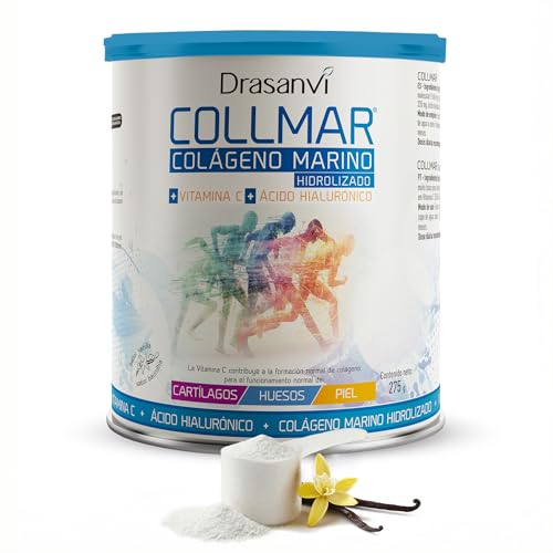 Drasanvi COLLMAR Colágeno Marino Hidrolizado con Ácido Hialurónico, Vitamina C |Sin edulcorantes | Máx. asimilación 9.660 mg/dia | 275g de polvo | Sabor Vainilla