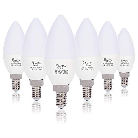 Simba Lighting LED Candelabra Light Bulbs B11 (C37) Candle Shape E12 Base (6 Pack) | Decorative 7W 60W Replacement 110V, 120V for Chandelier, Ceiling Fan, PC Cover, Non-Dimmable, Daylight 5000K Cover