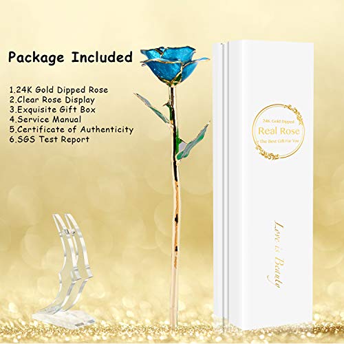 Image of Romantic Rose Gift for her,Eternity Gold Rose Flower 24k Gold Dipped Rose and Romantic Gift for her Rose,SkyBlue with Stand