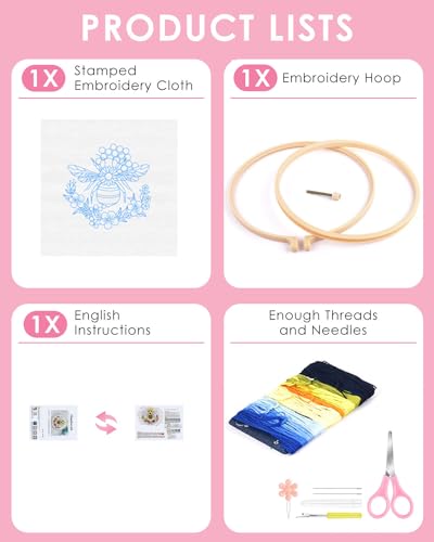 Image of TINDTOP Embroidery Kit for Beginners Adult, Honeybee Embroidery Kit | Include Embroidery Cloth Hoops Threads for Craft Lover Hand Stitch with Embroidery Skill Techniques (Honeybee)