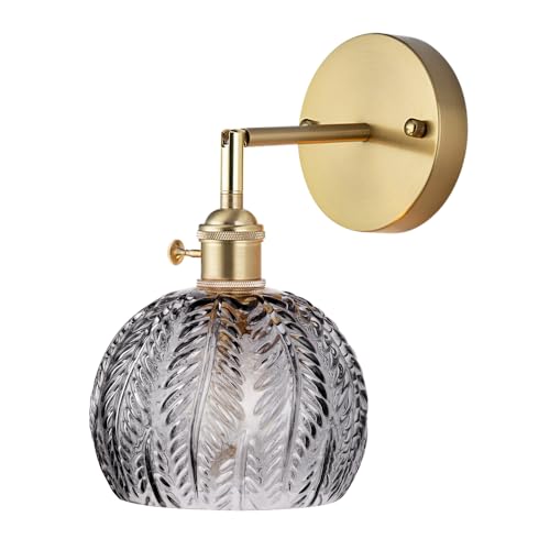 Image of Cerdeco Vintage Wall Sconce with Grey Leaf Glass Shade,180Adjustable Arm and Golden Base,Modern Indoor Wall Light Lighting for Bedroom
