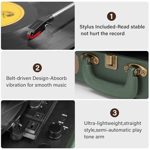 Image of Vinyl Record Player Bluetooth Turntable 3-Speed Suitcase Portable Vintage Belt-Driven Record Player with Built-in Speakers RCA Line Out AUX in Headphone Jack Military Green