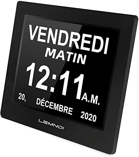 Image of Lemnoi 8'' LCD Digital Day Clock Calendar with Date /Day /Time, 8 Languages Auto-Dimming Digital Clock with 12 Programmable Alarms, Reminders Clock for Alzheimer Elderly & Child (Black)