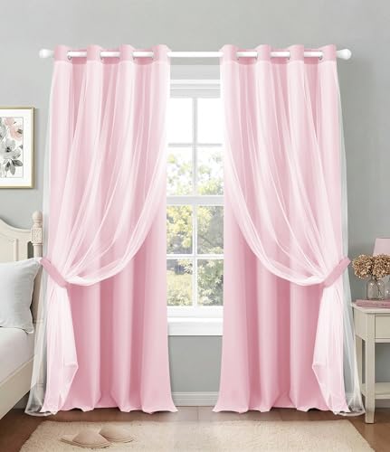 Image of 100% Blackout Curtains with Sheer, Pink, 52 x 108 inch, 2 Panels