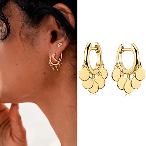 Myears Women Gold Huggie Hoop Earrings Round Sequins Disc Coin Tassel Dangle Drop 14K Gold Filled Small Boho Beach Simple Delicate Hypoallergenic Jewelry Gift #TOP2