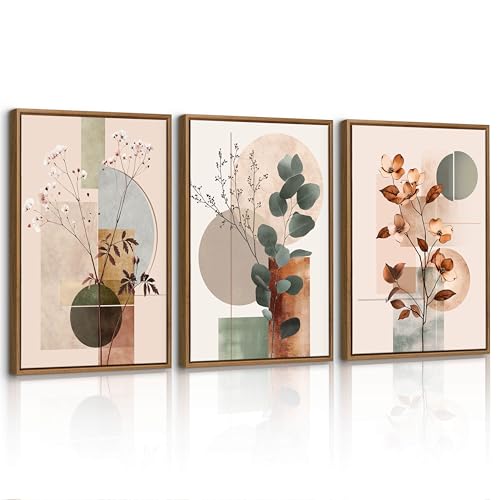 3 Pcs Quadri Moderni Rosa Geometrico Astratto Stampe da Parete Con Cornice, Quadro Botanico Foglia Eucalipto Floreale Poster Pittura Su Tela Decorazione Murale Soggiorno Camera da letto 30x40cmx3 Pcs