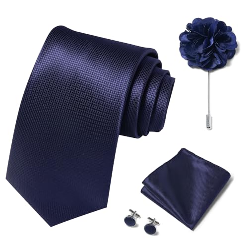 Image of Solid Color Ties Set Men Handkerchief Cufflinks Brooch 3.15 inches Classic Formal Necktie Pocket Square Set