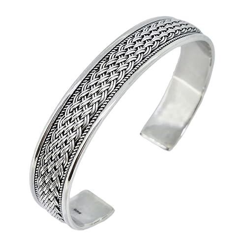 Bracelet manchette tressé 12mm ajustable en argent pour poignet masculin