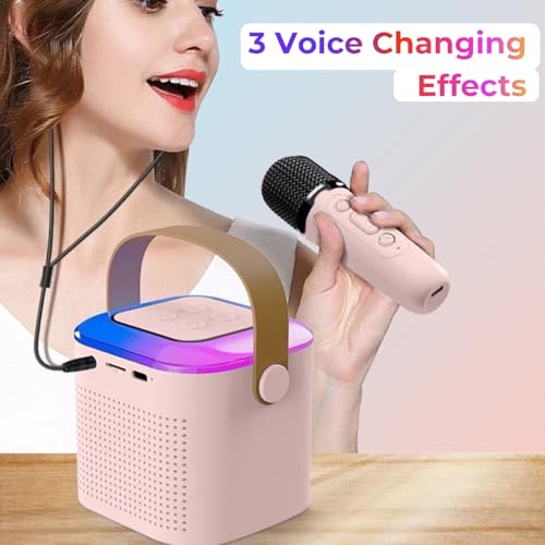 Image of Humble Kroko Series Mini Bluetooth Wireless Karaoke Speaker with 2 Mics, 8Hrs Playtime, RGB Lights (BT 5.3 /TF Card), Voice Effects, Multi-Play Modes, Type-C Charging for Kids & Home Parties - Pink