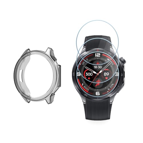 FUXINRUN Watch Screen Protector for OnePlus Watch 3 Smartwatch, [3-Packs] Tempered Glass Film & Protective Hard PC Case, Anti-Scratch, Bubble-Free, HD Clear, Shockproof Protection (Transparent Black)