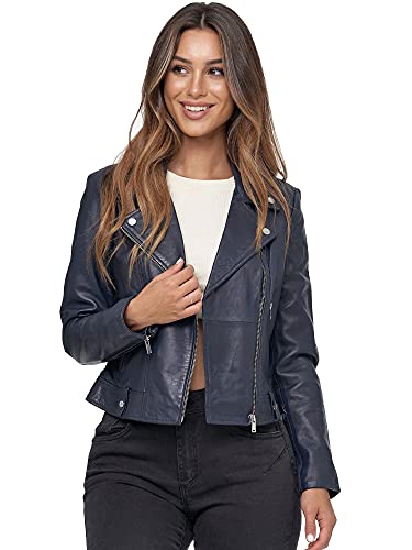 Tazzio Veste en cuir véritable pour femme au look motard avec fermeture éclair et col à revers F507, bleu marine, M