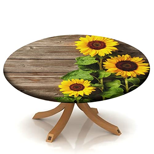 Sunflower Fitted Round Tablecloth, Elastic Edge Waterproof Table Cloth for Dinner Outside Picnic, Washable Wipeable Fabric Table Cover for 36