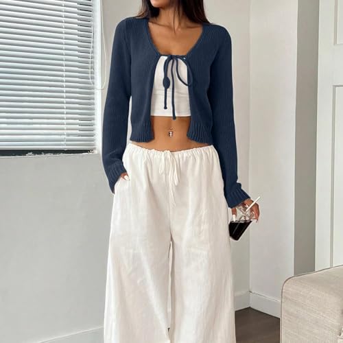 Women Tie Front Knit Crop Cardigan Long Sleeve Open Front Solid Slim Fit Basic Causal Crop Cardigan Sweater4