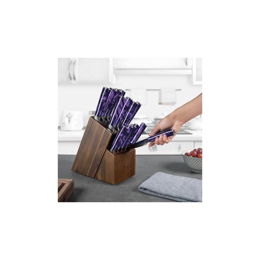 SENKEN-16-Piece-Kitchen-Knife-Block-Set-Japanese-Chefs-Knife-Set-with-Laser-Damascus-Pattern-Includes-6-Steak-Knives-and-Smoothly-Finished-Acacia-Hardwood-Knife-Block-Purple-Resin-Handles SENKEN 16-Piece Kitchen Knife Block Set - Japanese Chef's Knife Set with Laser Damascus Pattern, Includes 6 Steak Knives and Smoothly-Finished Acacia Hardwood Knife Block (Purple Resin Handles)