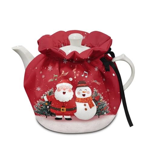 Image of Xoenoiee Christmas Santa Snowman Music Notes Pattern Tea Cozy Tea Cosy for Teapots Keep Warm Teapot Cover Insulated Kettle Cover for Home Kitchen Table Decor