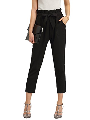 SweatyRocks Women's Elastic Belted High Waist Casual Loose Long Pants with Pocket (Small, Black#)