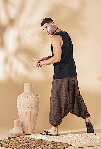 Image of The Veshti Company Cotton Baggy Pants Drop Crotch Harems for Men's Loose Boho Oversized Striped Meditation Yoga Pant with Pocket