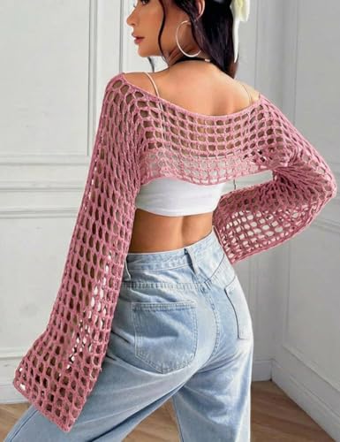 Image of hathne Women's Crochet Crop Top Shrug Y2K Hollow Out Mesh Knit Long Sleeve Sweater, Sexy Beach Bikini Cover Up