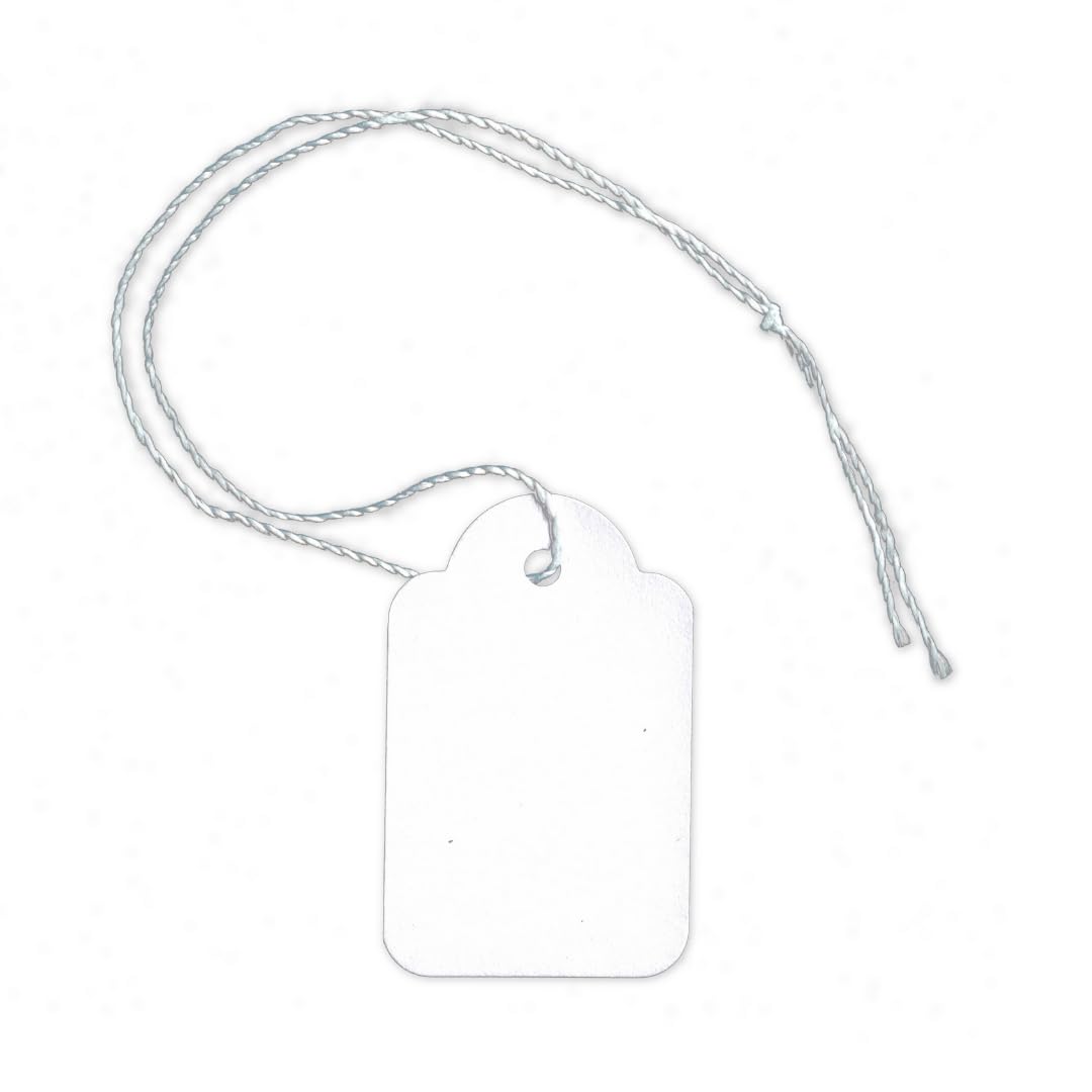Pokornys - 1000 Segnaprezzi con filo (25x39mm) per abbigliamento, gioielli, accessori etc. - Etichette in cartoncino con filo di cotone - Adatte come cartellino da appendere, regalo o decorativo