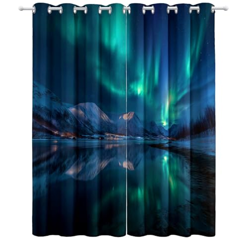 Cortinas Opacas con Ojales para Sala Interior de casa De Estar, 70An x 160Al cm 2 Paneles aislamiento térmico Cortina, Aurora Montañas Nevadas Paisaje Río, para Dormitorio Habitacion, niños, niñas