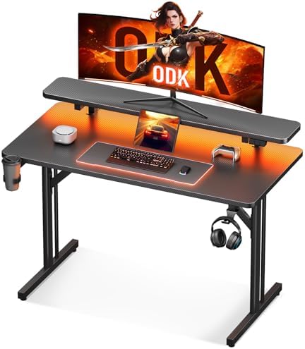 ODK Gaming Desk with LED Lights, 80 x 50 cm, Carbon Fiber Black |...