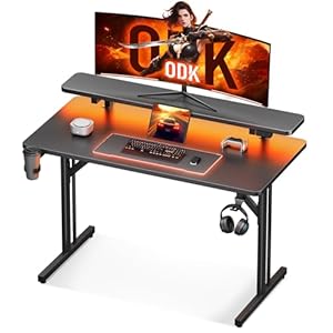 ODK Gaming Tisch, Kleiner Gaming Schreibtisch mit LED Beleuchtung, 80cm Computertisch mit Monitorablage, Carbon Fiber Schwarz PC Gamer Tisch