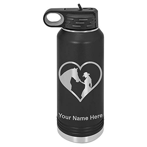 Lasergram 32Oz Double Wall Flip Top Water Bottle With Straw, Horse Cowgirl Heart, Personalized Engraving Included (Black) #TOP29
