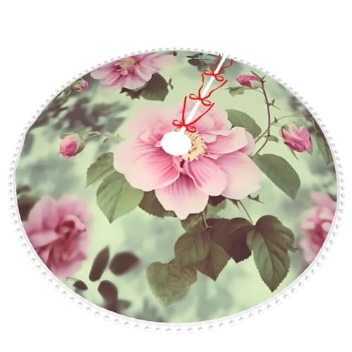 Jupe de sapin de Noël 122 cm rose vintage rustique à pompons double couche - 3