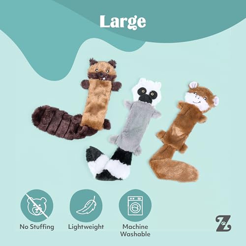 Image of ZippyPaws Skinny Peltz - No Stuffing Dog Toy Pack to Keep Them Busy, for Medium and Large Dogs, Squeaky Pet Toys, Unstuffed Chew Toys, Soft Plush Variety Pack, Chipmunk, Lemur, and Monkey - 18 inch