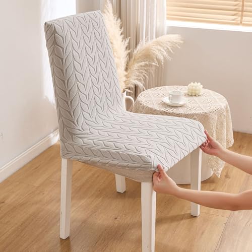 Image of HOMETHREADS Stretchable Elastic Jacquard Chair Seat Cover - Removable & Washable, Durable Seat Protector for Dining Room, Kitchen, Restaurant & Party Chairs (Light Grey, Pack of 4)