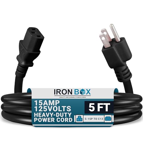 Image of IronBox Electric - Heavy-Duty 5-15P to C13 Power Cord - 3 Prong 15A 125V 14 /3 SJT PC Cable - Cord for Computer, Monitor, Subwoofer, Amplifier - Cable for Power Supply - (Black 5 Foot)