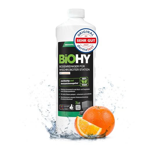 BiOHY Golvrengöring för torkrobotstation med apelsindoft (1 l flaska) | Rengöringskoncentrat för alla torkar och robotdammsugare med våtfunktion | skumarm och randfri | för alla golv