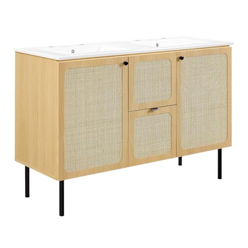 Modway Chaucer 48 Bathroom Vanity in Oak White with Dual Ceramic Sink Basin, 48 Inches Double