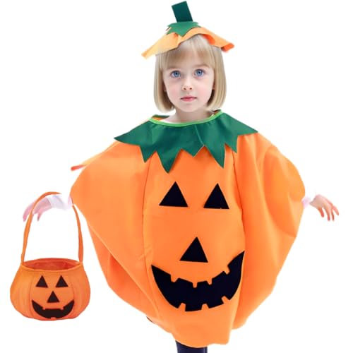 OIXEYA Disfraz de calabaza de Halloween para niños, cesta y sombrero de calabaza, para niños y niñas, cosplay, fiesta de Halloween
