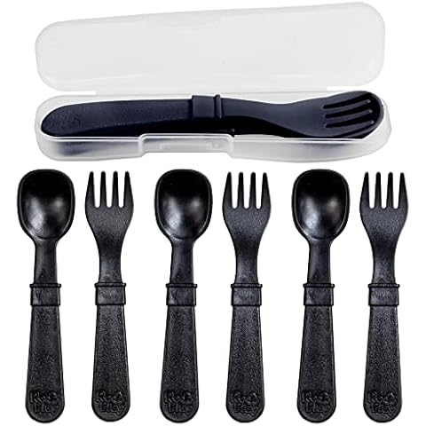Re-Play Made in USA Toddler Forks and Spoons, Pack of 8 With Carrying Case - 4 Kids Forks with Rounded Tips and 4 Deep Scoop Toddler Spoons - 0.2" Thick Toddler Utensils with Case, Black Cover