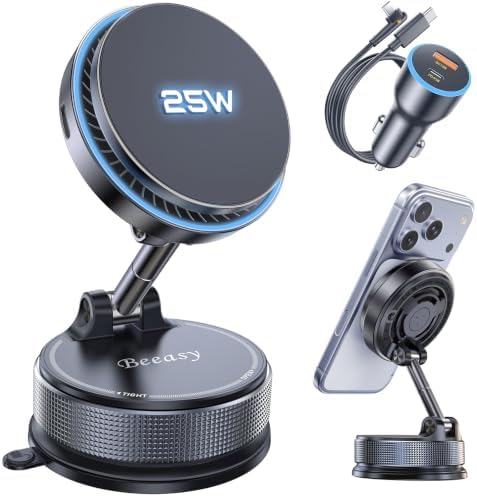 Beeasy 25W Qi2.2 Handyhalterung Auto Magsafe Autohalterung mit Ladefunktion | [Kühllüfter & 63W Adapter] Snapmount Handy Halterung mit Vakumm Saugnapf für iPhone Duo 18-12 Serie, G