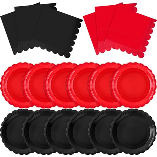 Tiangrid 120 Pcs Red and Black Plates and Napkins Party Supplies Disposable Paper Plates 7 Inch Scalloped Plate for Graduation Casino Theme Party Spooky Birthday Decorations Serve 60(Red and Black)