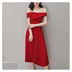 Midi-jurk voor dames Rode effen geplooide jurken met schuine hals en spaghettibandjes (Kleur: Rood, Maat: Scode) (Rood Mcode)
