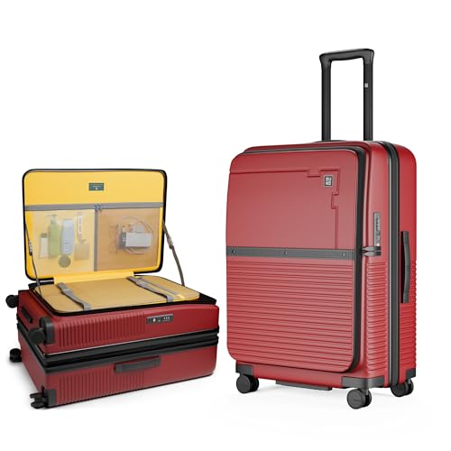 Image of EUME Aerotop Checkin Trolley Bag Medium | Space Saving Top Open Suitcase | Expandable Hardshell Polycarbonate Luggage | TSA Lock, Anti Theft Zipper, Super Silent Wheels | 78L Carmine Red