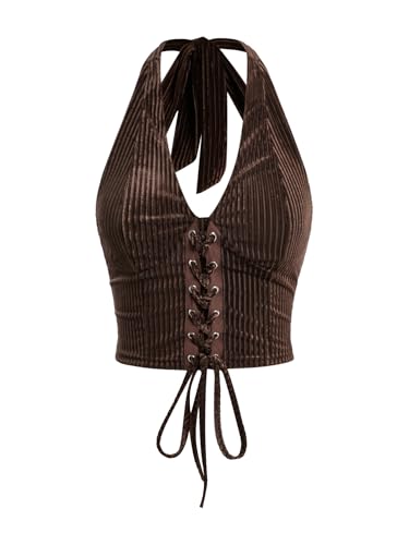 Verdusa Women's 2026 Going Out Halter Corset Tops Sleeveless Lace Up Open Back Crop Top Dark Brown Medium