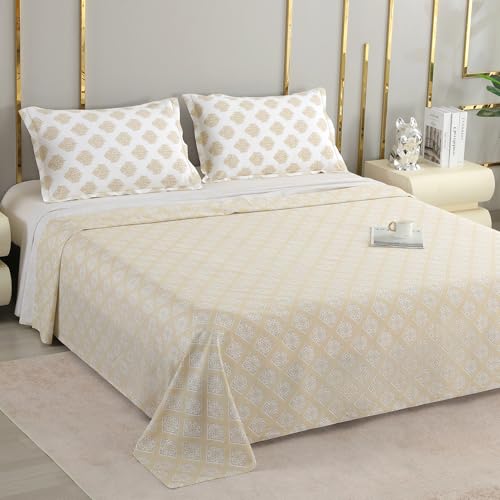 Story@Home Luxe 400 TC 100% Cotton Sateen Weave California King Size Bedsheet 108 x 108 Inches, Motif Printed Soft Flat Sheet with 2 Pillow Covers (18 x 27 Inch) - Beige & White-Gift Packaging