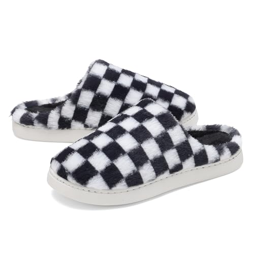 Women House Checkered Slippers - Mens Cozy Fuzzy Plaid Memory Foam Slippers with Faux Fur Lining for Indoor & Outdoor Comfort Soft Slides(BlackWhite,11-12Women/9-10Men) - Main Image