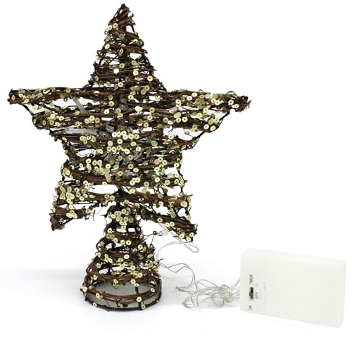 CVHOMEDECO. Rattan Star Christmas Tree Topper with LED Lights, Rustic Farmhouse Style Tree Toppers Ornaments, 8 x 10 Inch