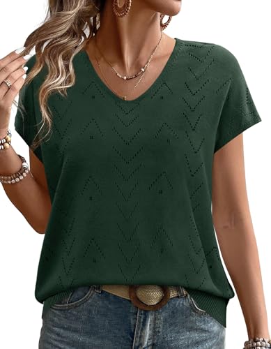 WIHOLL Green Tops for Women Cap Sleeve V Neck Shits