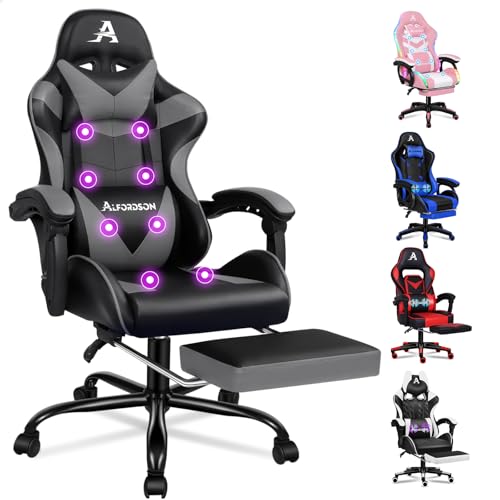 ALFORDSON Gamer-Stuhl, Gaming-Stuhl mit einziehbarer Fußstütze, Racing-Sessel mit 8 Massagepunkten, 150° Neigung, ergonomischer Chefsessel, PU-Leder, höhenverstellbar, 180 kg Tragkraft, Grau