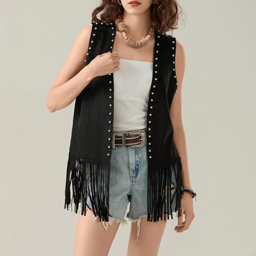 Women's Tassel Sleeveless Vest Rivet Open Front Long Outerwear 70s Hippie Faux Jacket Cowgirl Western Cardigan3